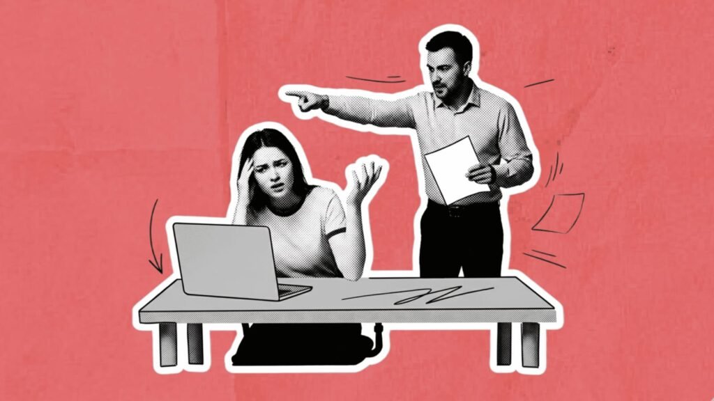Manager pointing angrily at frustrated employee at desk, illustrating workplace conflict over work hours and Gen Z boundaries