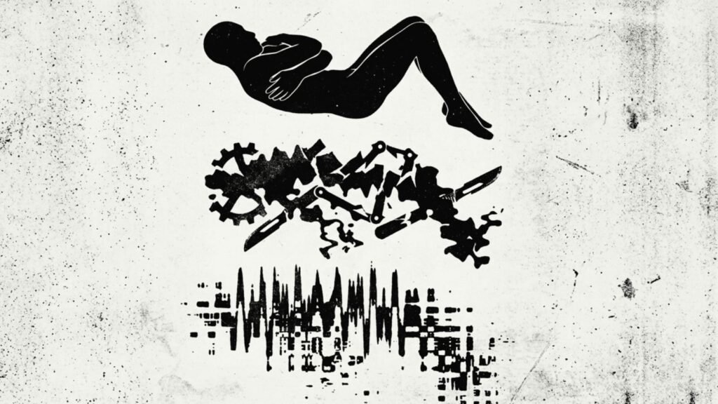 Conceptual black and white illustration of a human body above mechanical gears and waveform, symbolizing medical intervention, identity, and the impact of medicalisation.