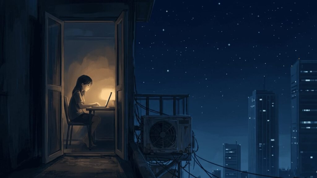 Person working on a laptop at night under a starry sky, missing the quiet awe of the surrounding landscape