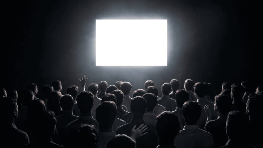 Audience watching a screen together in a dark room, representing shared viewing experience and collective attention