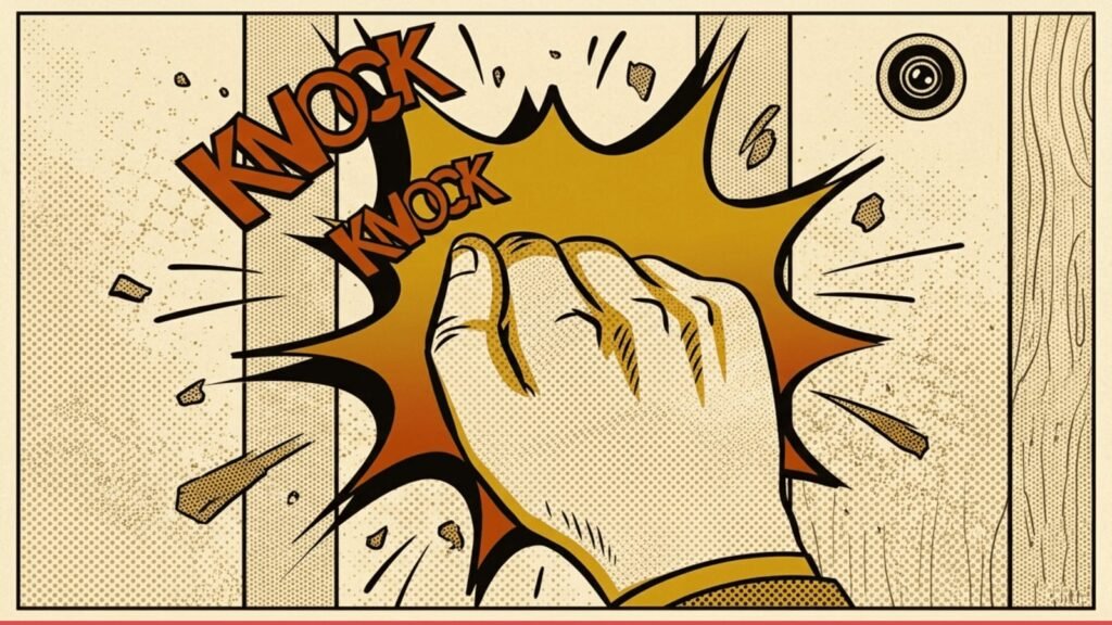 Comic-style illustration of a hand knocking on a door with “Knock Knock” text, representing the history of knock-knock jokes