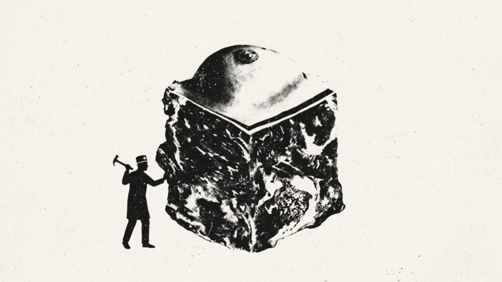 Black and white illustration of a surgeon-like figure carving a human head from stone, symbolizing surgical precision, medicine, and storytelling.