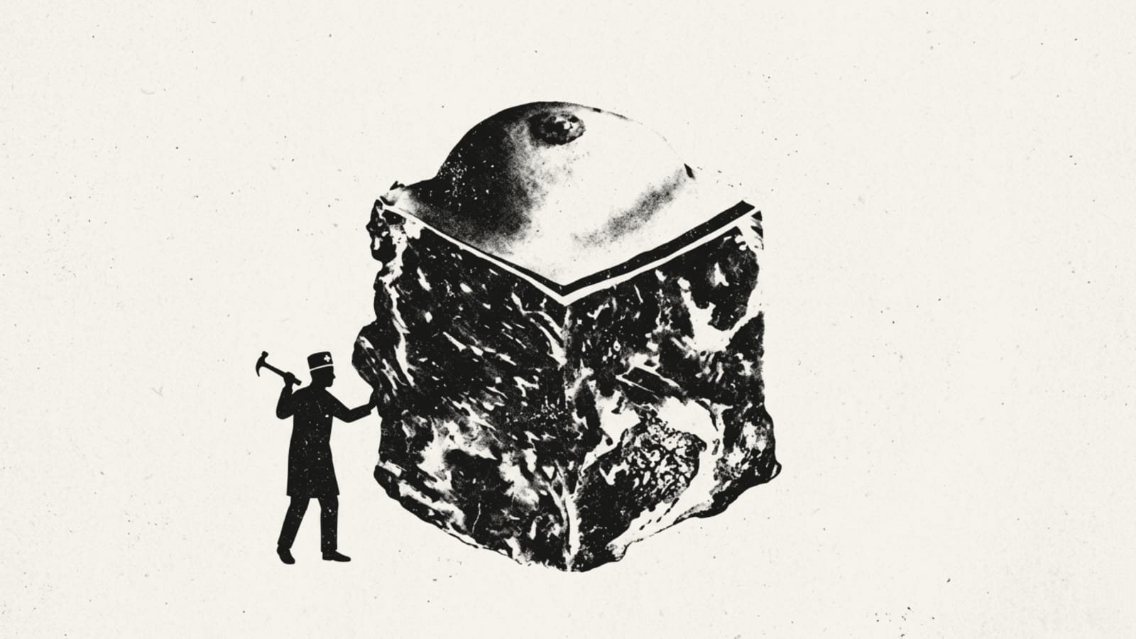 Black and white illustration of a surgeon-like figure carving a human head from stone, symbolizing surgical precision, medicine, and storytelling.