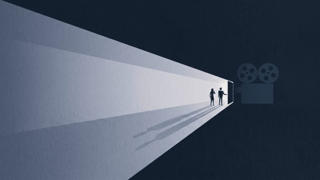 Silhouettes of a couple watching a film together, symbolizing shared viewing experience and connection