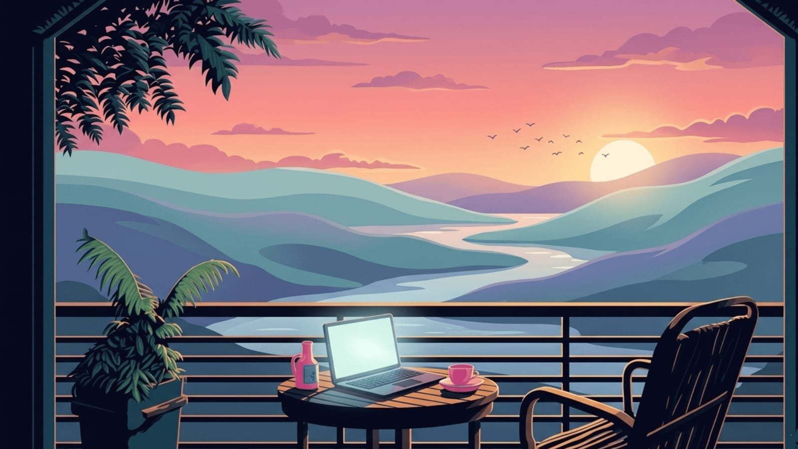 Serene sunset landscape viewed from a balcony with a laptop, evoking a sense of awe and quiet reflection