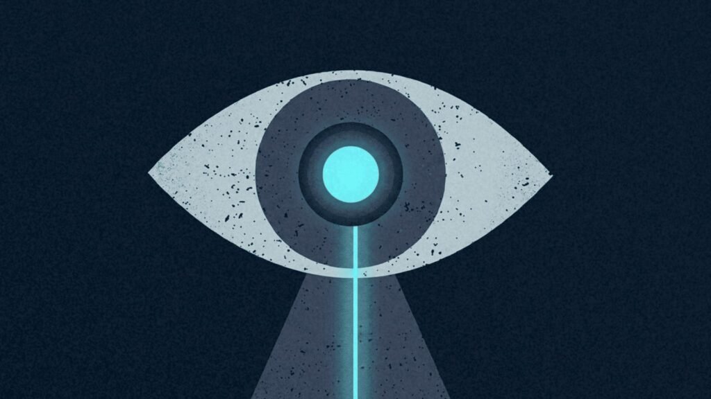 Abstract eye symbol emitting a beam, representing mass surveillance, monitoring, and loss of privacy