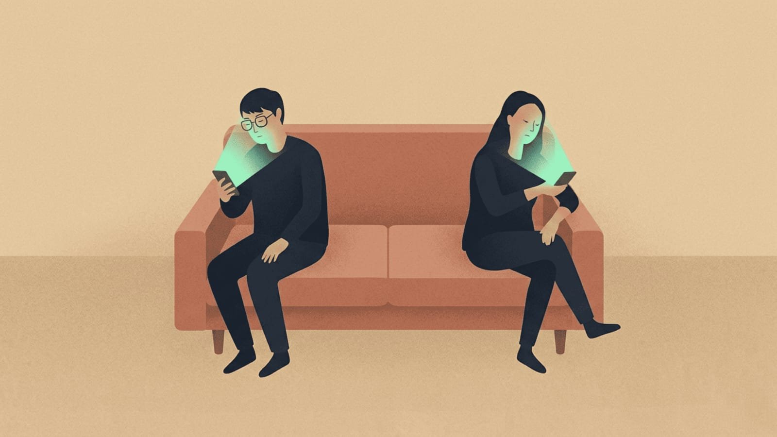 Two people sitting apart on a couch using smartphones, symbolizing social media isolation and the need for a calmer offline life