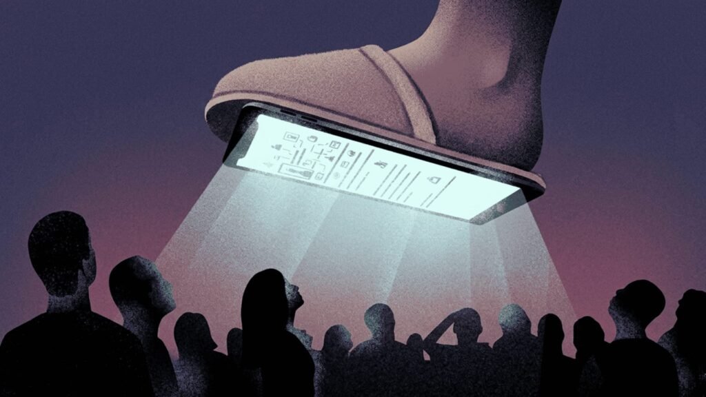 Smartphone projecting light over a crowd, symbolizing social media influence and the need for a calmer offline life