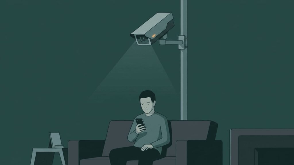 Person sitting on a couch using a phone under a surveillance camera, symbolizing digital monitoring and loss of privacy