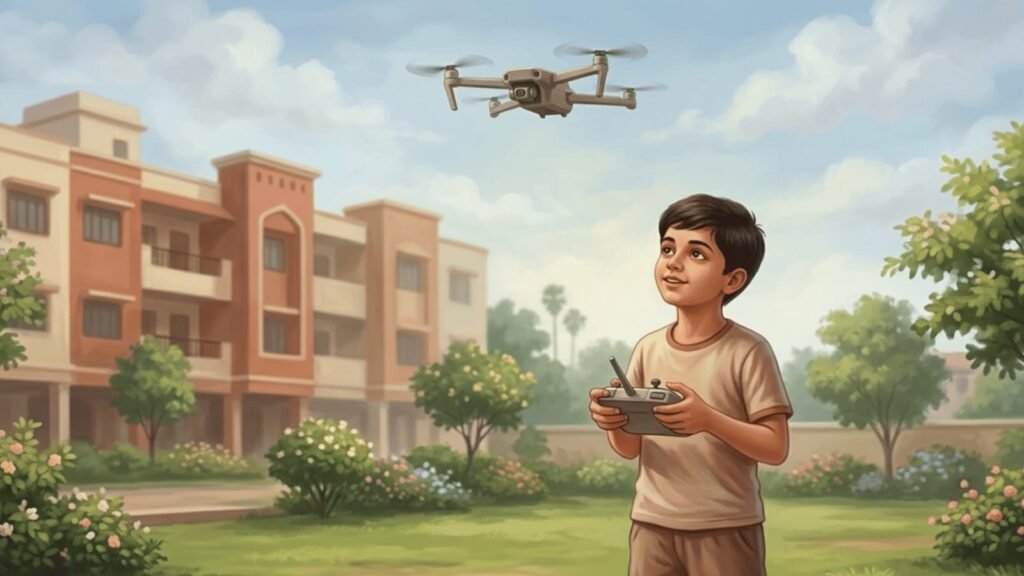 Young boy in rural India operating a drone, representing growing digital technology adoption and tech-savvy youth in modern India.