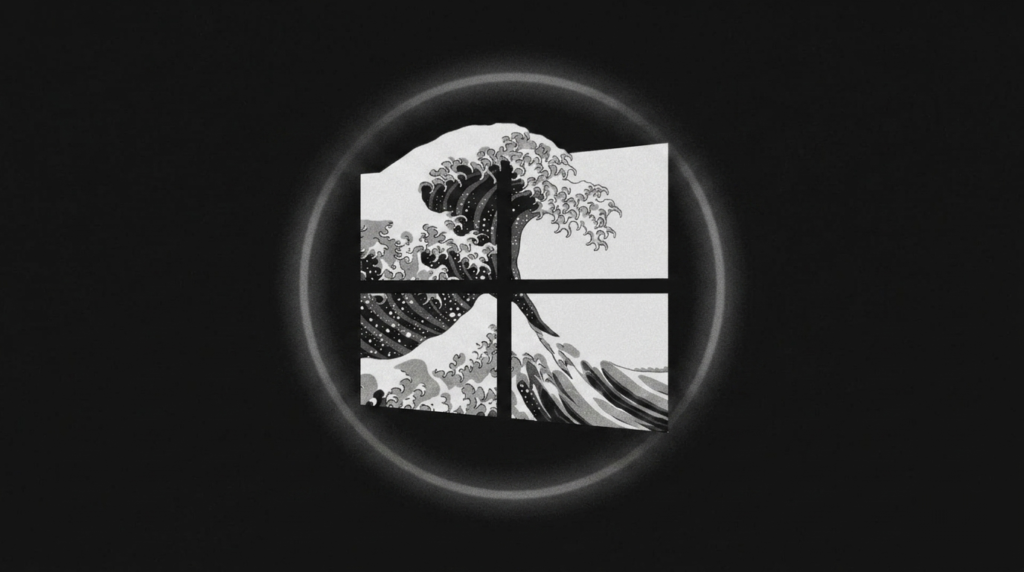 Minimal black-and-white Windows 11 logo with Japanese wave art, representing the growing debate around Windows 11 bugs, AI integration, and modern operating system design.