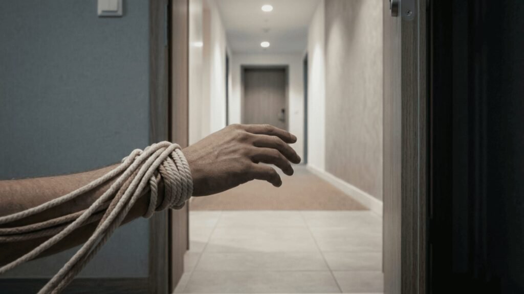 Person with tied hands in a narrow hallway symbolizing emotional confinement, routine, anxiety, and the desire for freedom through travel