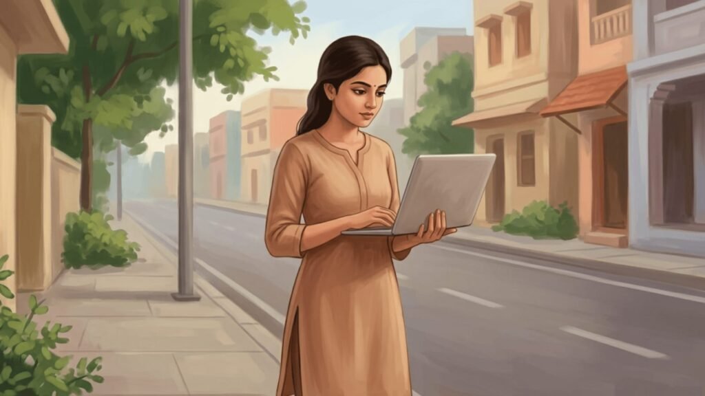 Indian woman using a laptop in a small-town setting, symbolizing digital literacy, AI awareness, and India’s growing tech-savvy population.