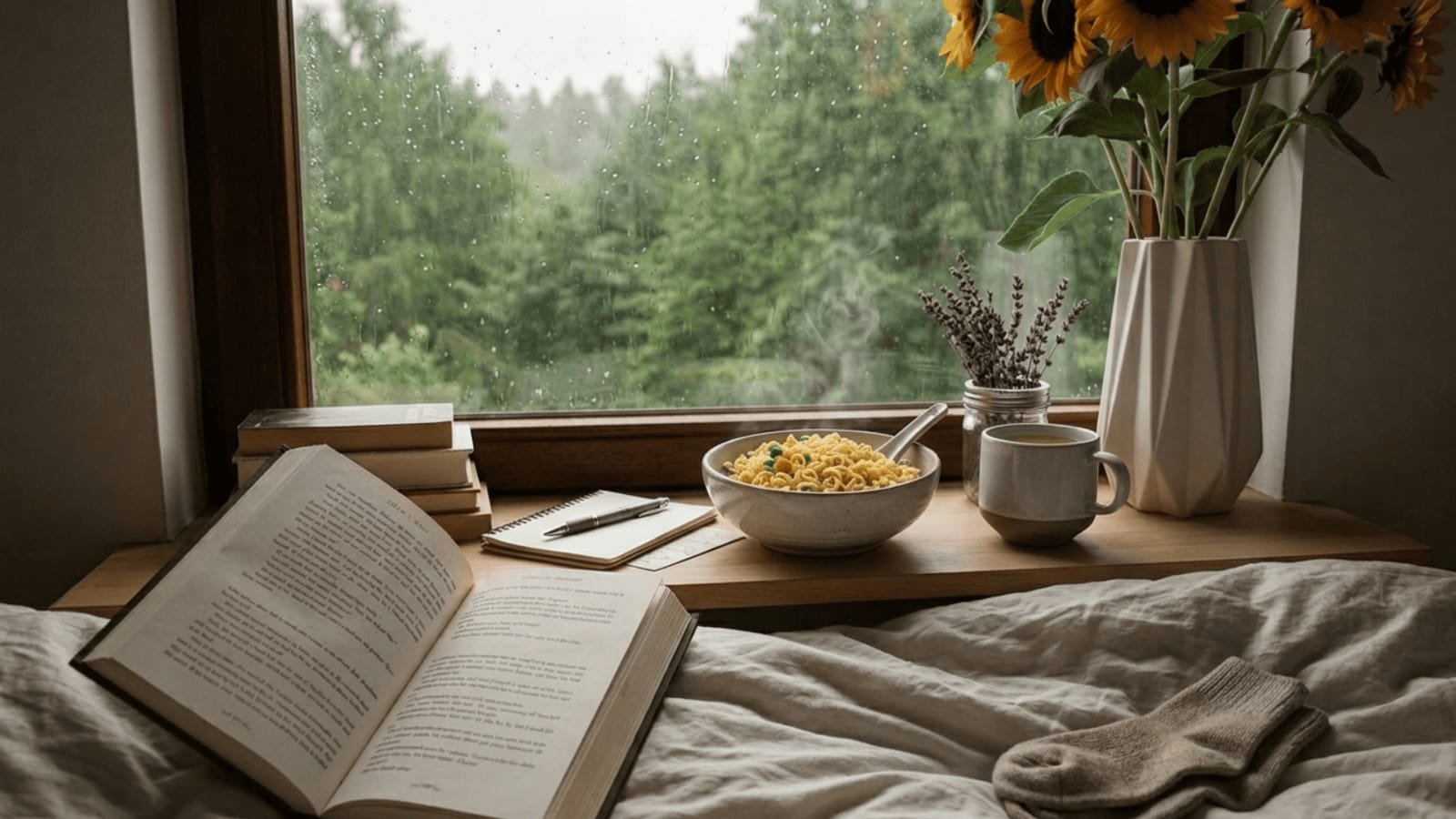 Cozy peaceful bedroom setup with books, warm tea, and rain outside symbolizing a quiet life beyond social media and digital distractions.