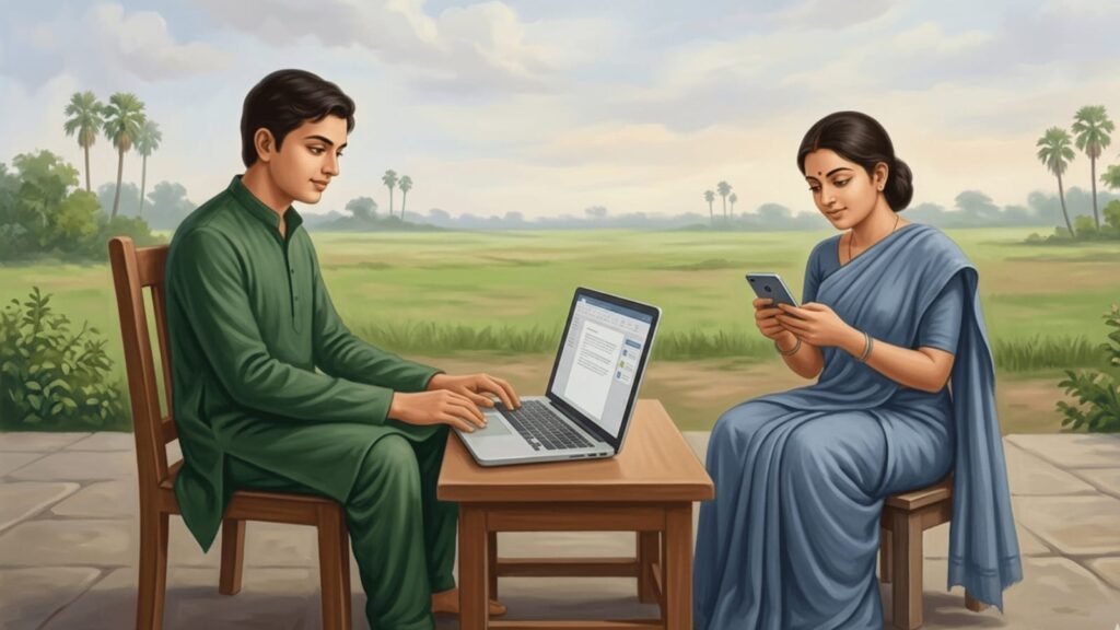 Rural India embracing digital technology with smartphone and laptop use in a village setting, highlighting India’s growing tech-savvy population and digital transformation.