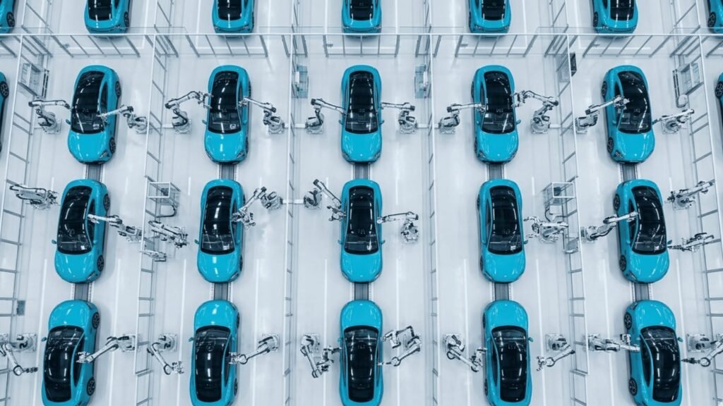 Automated electric vehicle factory with robotic assembly lines representing the rise of tech companies like Xiaomi and Huawei in the EV industry