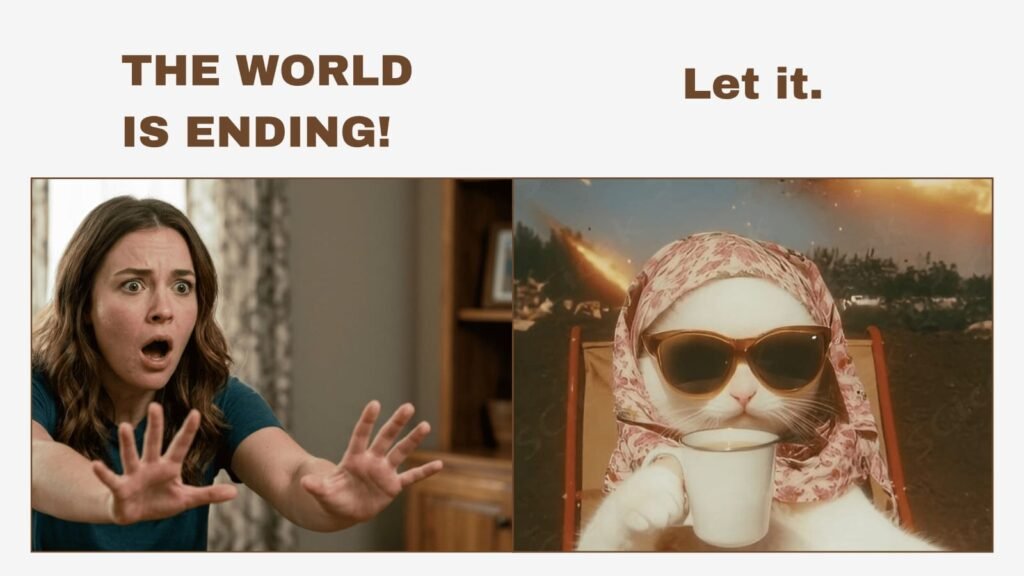panic vs calm reaction meme woman shocked and cat relaxed during apocalyptic scenario humorous contrast