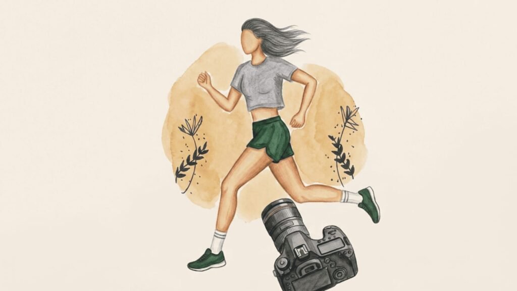 Illustration of a female athlete running beside a camera symbolizing media objectification and the sexualization of women in sports.