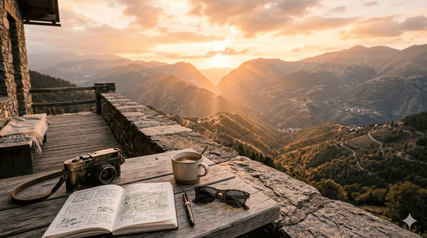 Peaceful mountain sunrise with journal, coffee, and camera symbolizing reflection on life purpose, mindfulness, and meaningful living