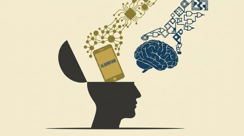 Illustration of a human mind influenced by smartphone algorithms and AI recommendation systems shaping online content and social media feeds.