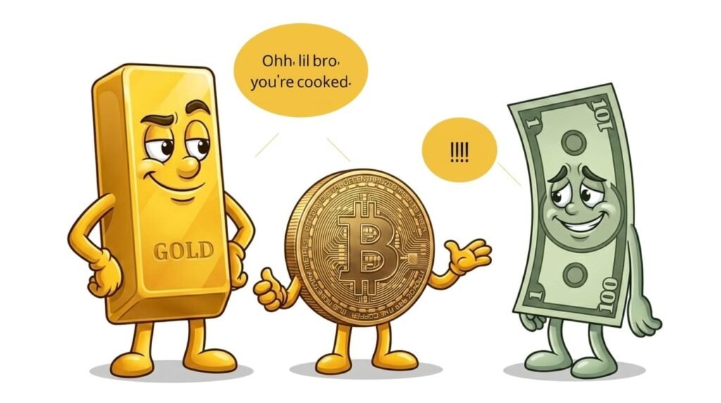 Bitcoin compared with gold and the US dollar, illustrating the growing role of cryptocurrency in global finance, trade, and geopolitical conflicts.