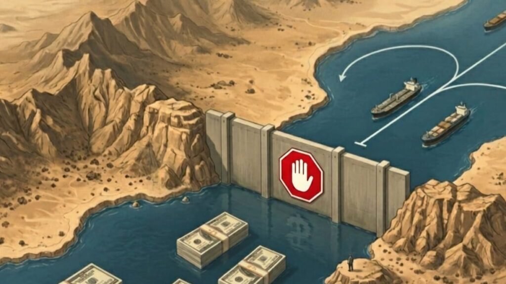 Illustration of the Strait of Hormuz as a financial chokepoint, showing trade restrictions, blocked shipping routes, sanctions, and global commerce disruptions.