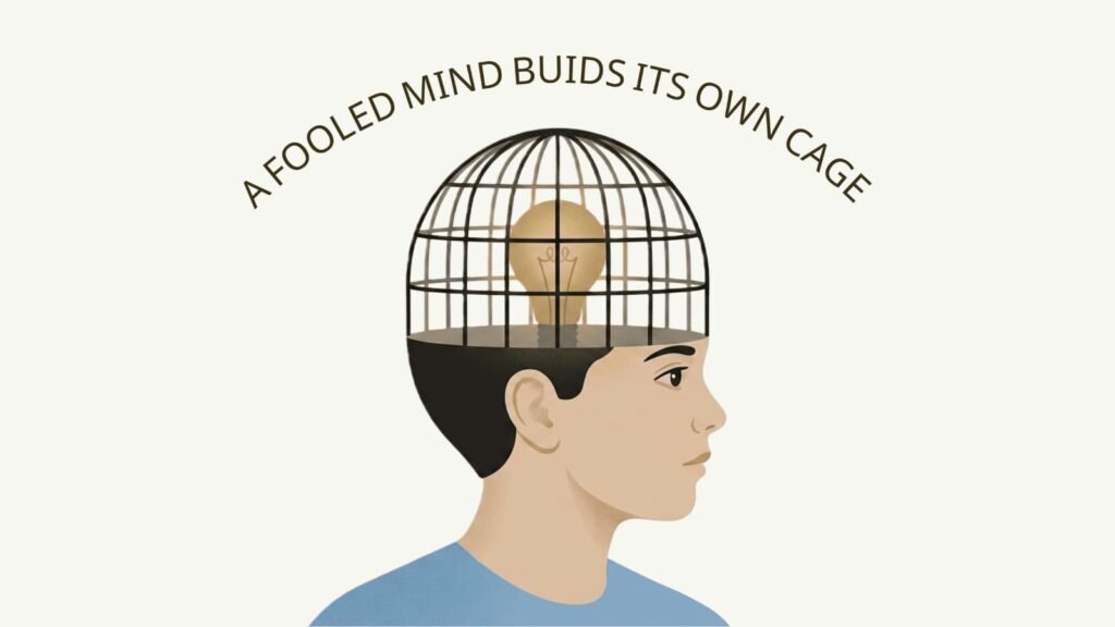 Illustration of a person with a birdcage around their mind and a lightbulb inside, symbolizing self-deception, wisdom, critical thinking, and proverbs about avoiding foolishness