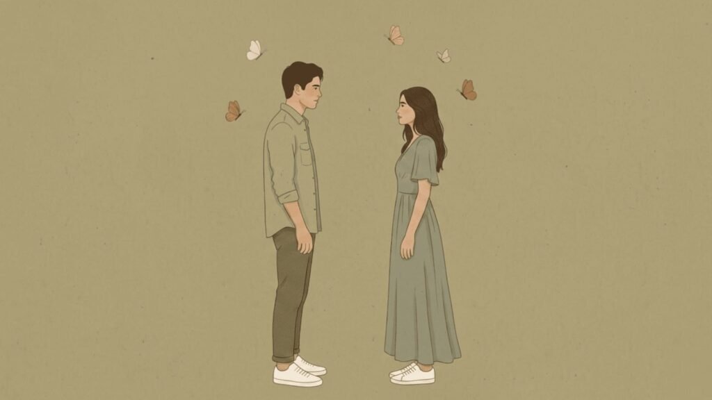 Illustration of a man and woman experiencing love at first sight, symbolizing instant attraction, romantic chemistry, and the psychology of first impressions.