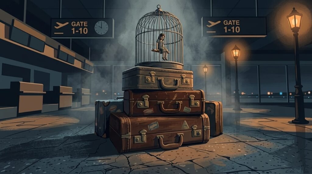 Illustration of a student trapped in a birdcage atop suitcases at an airport, symbolizing postponed study abroad dreams, visa restrictions, rising education costs, and declining overseas student migration from India.