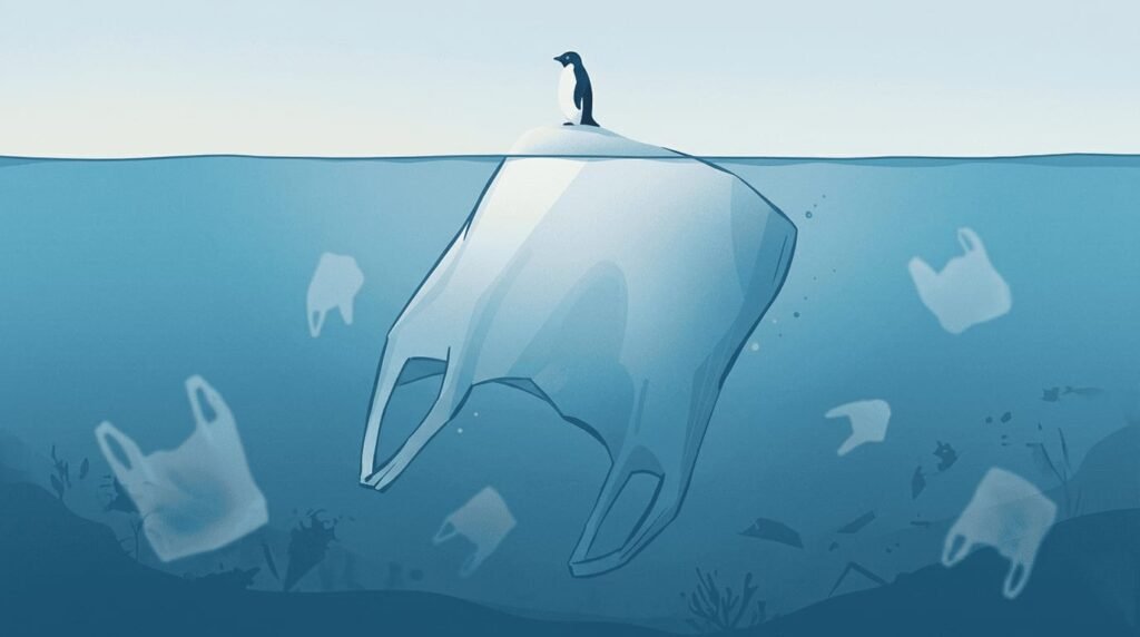 Illustration of a penguin standing on a melting iceberg shaped like a plastic bag, symbolizing climate change, melting polar ice, ocean pollution, biodiversity loss, and the global environmental crisis.