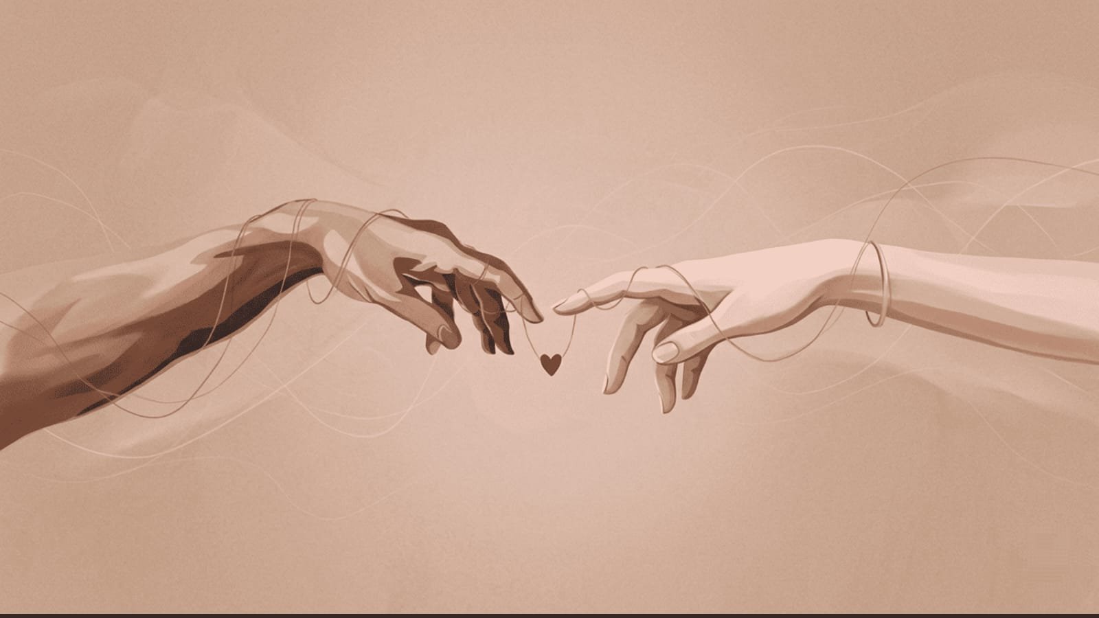 Illustration of two hands reaching toward each other with a heart, symbolizing love at first sight, romantic attraction, emotional connection, and the psychology of love.