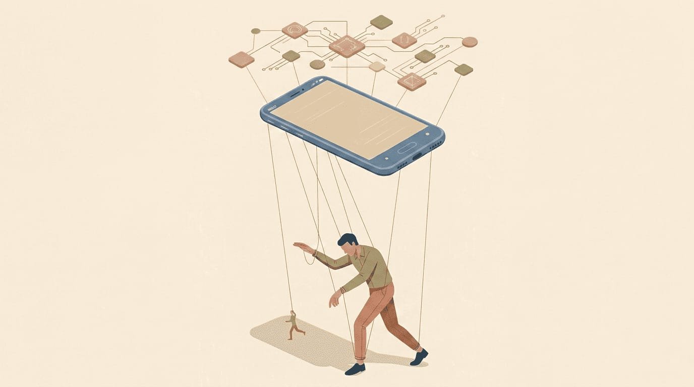 Illustration of a smartphone controlling a person like a puppet, symbolizing social media algorithms, digital influence, and online content manipulation