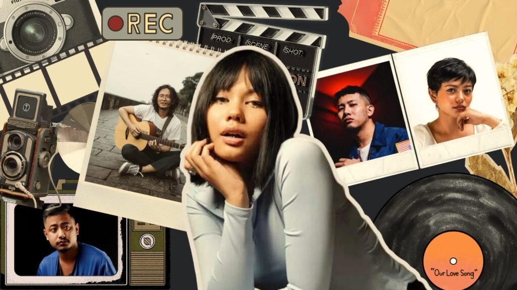 Collage featuring Northeast Indian musicians, music artists, cameras, vinyl records, and filmmaking elements representing the Northeast Indian music revolution and independent music scene.