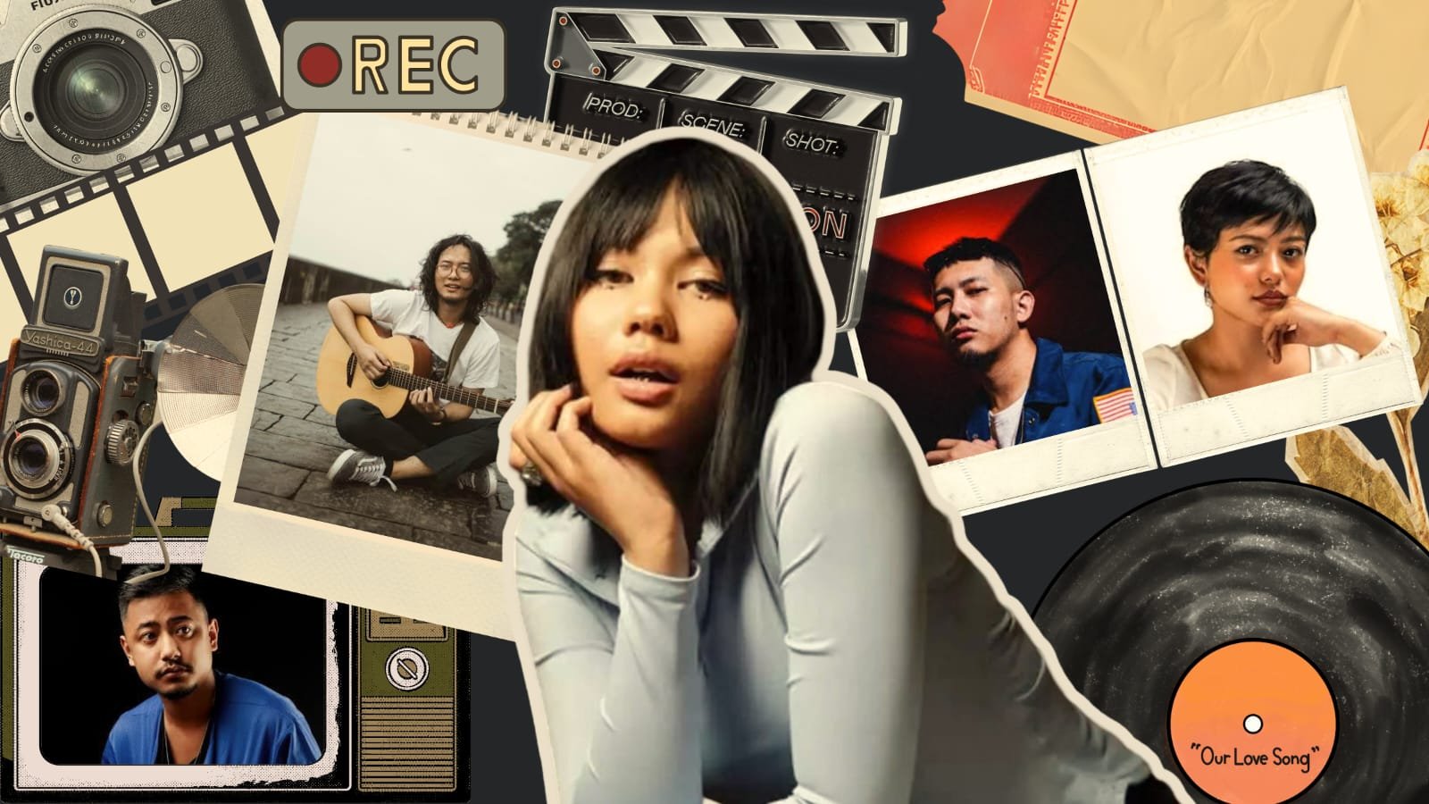 Collage featuring Northeast Indian musicians, music artists, cameras, vinyl records, and filmmaking elements representing the Northeast Indian music revolution and independent music scene.