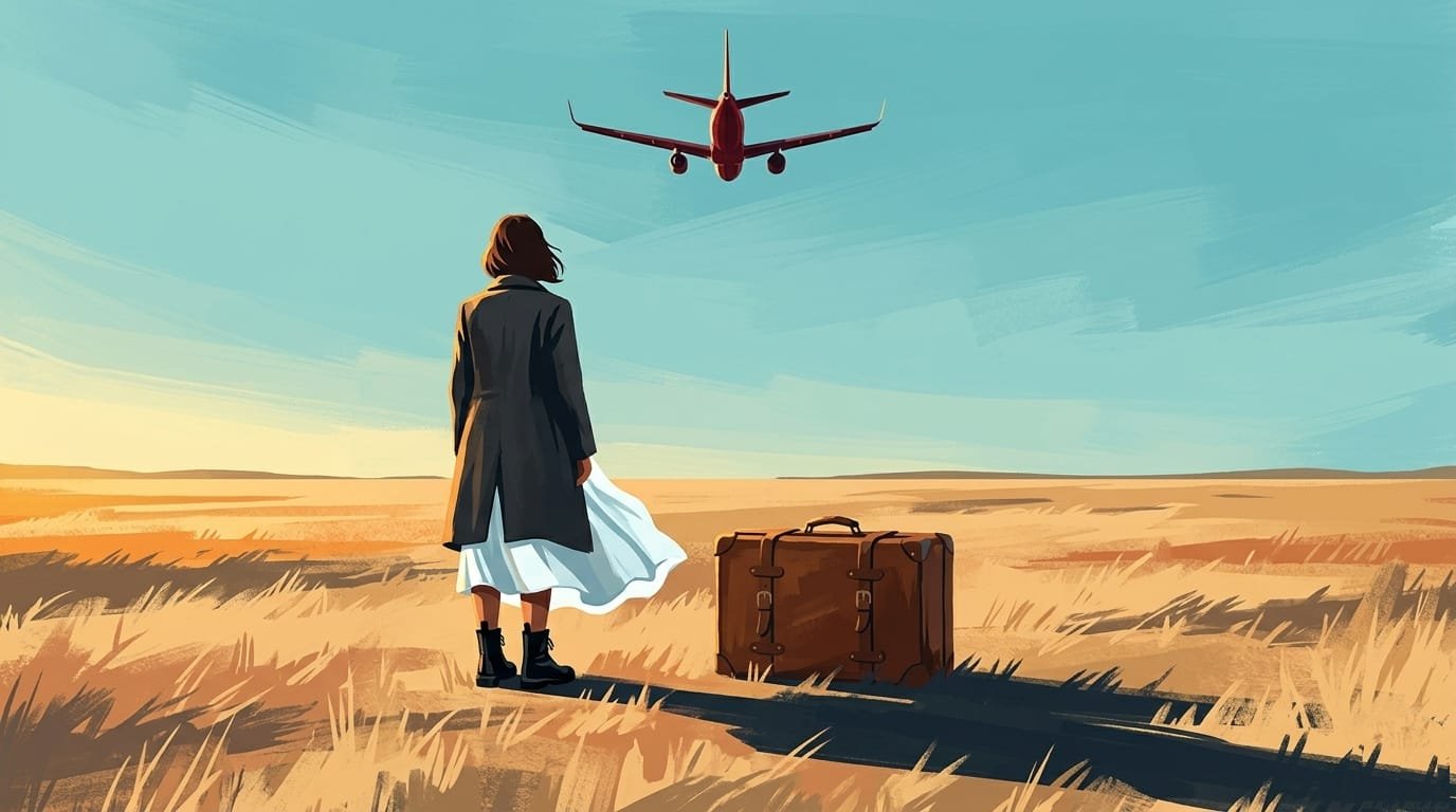 Illustration of a student watching an airplane fly away beside a suitcase, symbolizing the decline in Indian students choosing to study abroad and the challenges of overseas education.