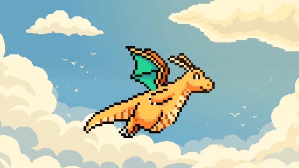 Pixel art flying Pokémon adventure showing the nostalgia, excitement, and exploration of the Pokémon Go phenomenon