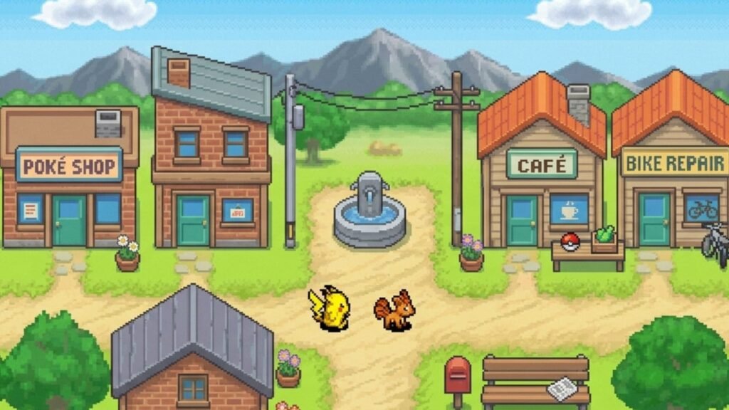 Pixel art Pokémon village symbolizing childhood memories, gaming nostalgia, and the lasting impact of Pokémon Go.