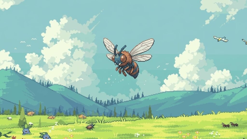 Retro pixel Pokémon world representing augmented reality gaming, outdoor exploration, and the Pokémon Go experience.