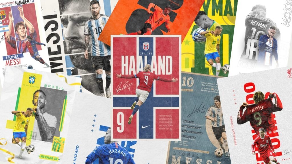 Collage of iconic football legends including Lionel Messi, Neymar, Erling Haaland and Fernando Torres, representing the evolution of football culture and FIFA World Cup advertising.