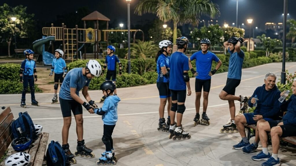 Members of the Delhi Skating Community, including children and adults, practicing inline skating together during a community session in Delhi.