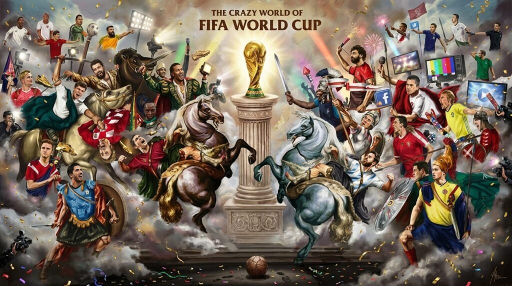 FIFA World Cup 2026 trophy surrounded by football legends, fans, media, and advertising, illustrating the global influence of sports marketing.