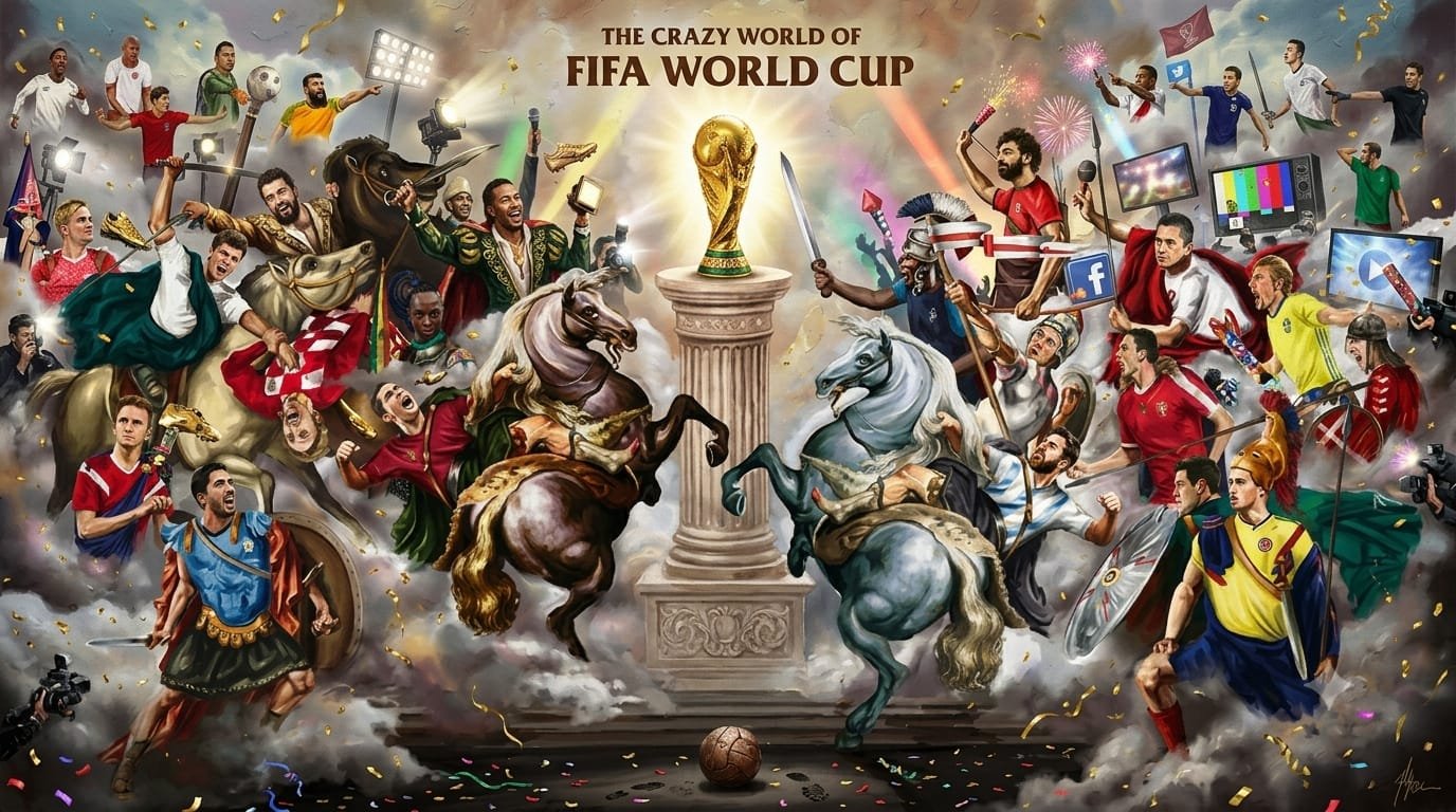 FIFA World Cup 2026 trophy surrounded by football legends, fans, media, and advertising, illustrating the global influence of sports marketing.