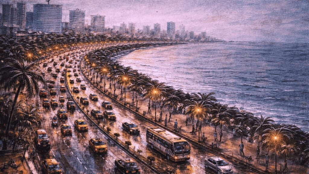 Rain-soaked Marine Drive in Mumbai with heavy traffic, palm trees, the Arabian Sea, and the city skyline, illustrating the daily hustle, resilience, and unique charm of Mumbai life.
