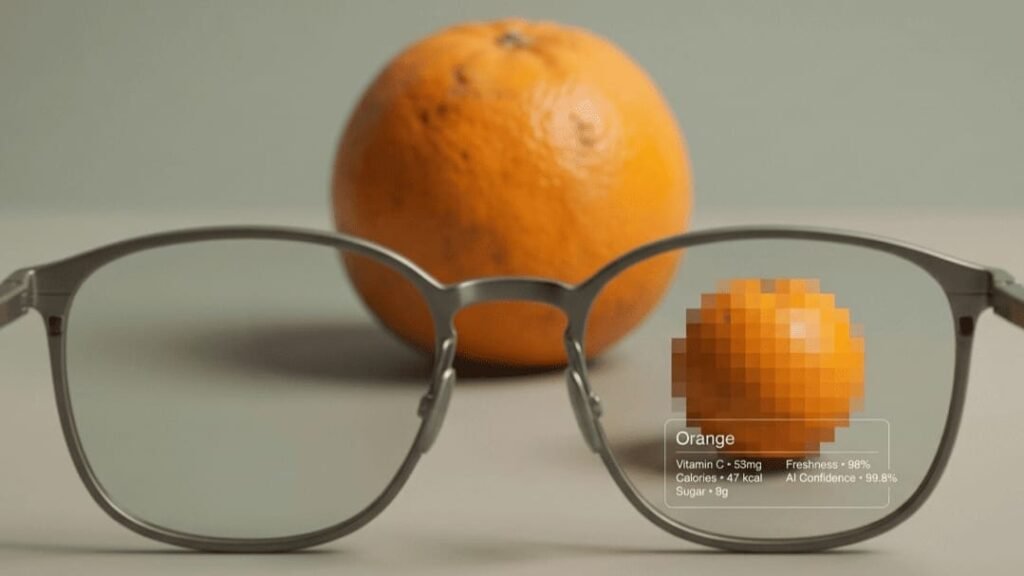 Augmented reality smart glasses displaying AI-generated information about an orange, illustrating how wearable technology overlays digital data onto real-world objects.