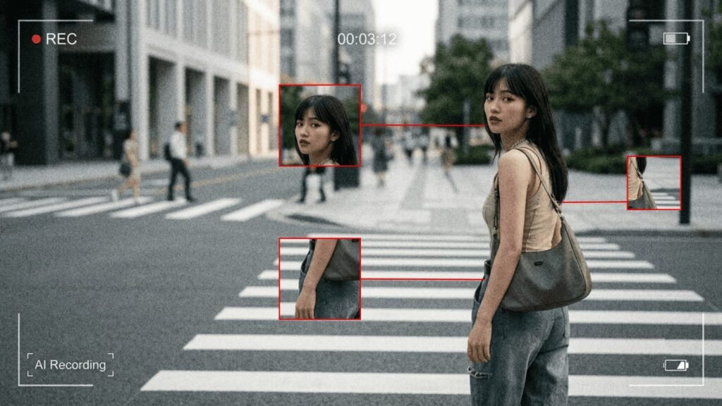 AI-powered smart glasses recording a pedestrian with facial recognition and object tracking, highlighting privacy and surveillance concerns.