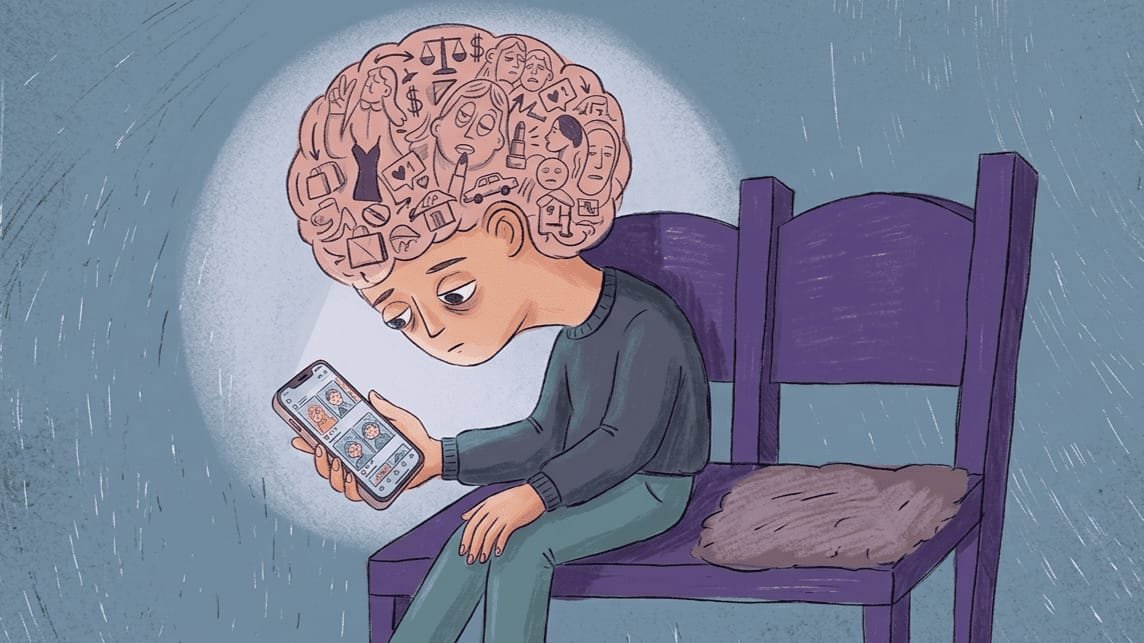 Concept illustration of a person overwhelmed while using a smartphone, representing smartphone fatigue, digital dependency, and the debate over whether modern smartphones have become boring and repetitive.