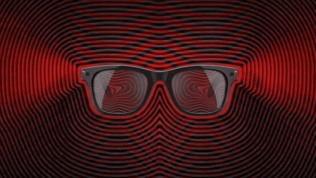 Smart glasses against a dark red digital background symbolizing privacy risks, surveillance technology, and the hidden dangers of wearable AI devices