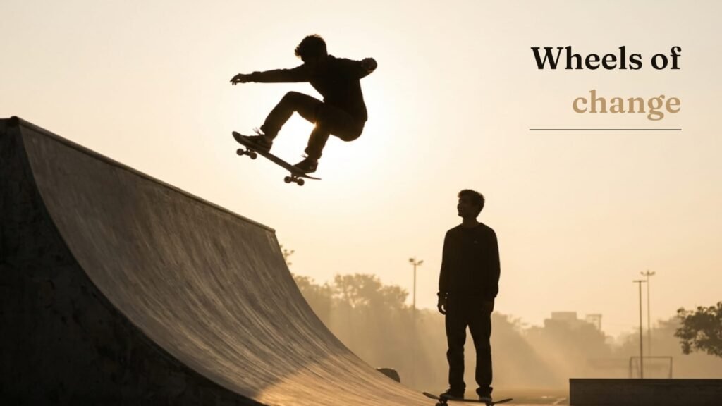 Skateboarder performing an aerial trick at a Delhi skate park during sunset, highlighting the rise of skateboarding culture in India.