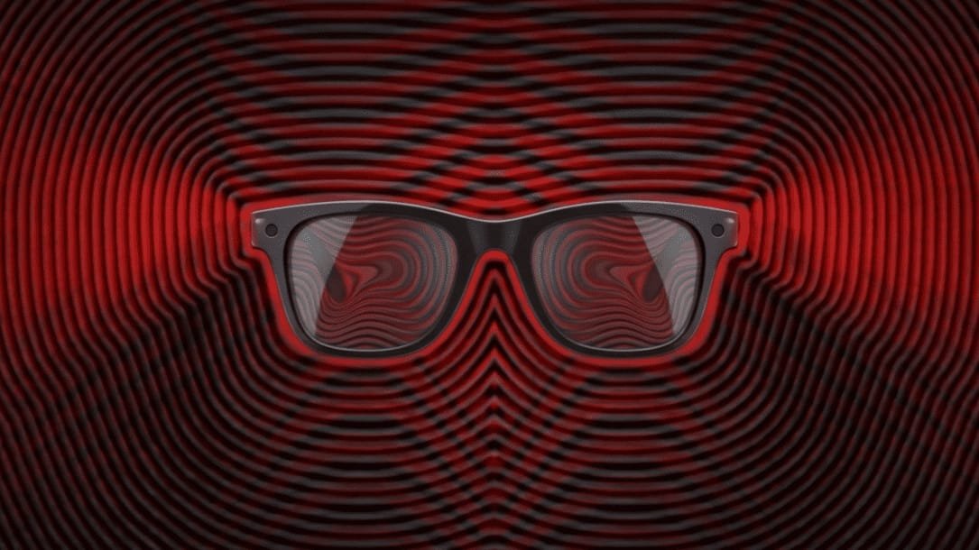 Smart glasses against a dark red digital background symbolizing privacy risks, surveillance technology, and the hidden dangers of wearable AI devices