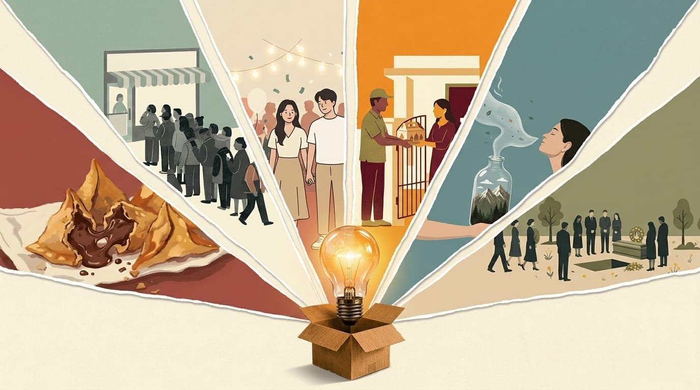 Illustration representing India's most bizarre startups, featuring unique business ideas such as food innovation, home services, wellness, relationships, and unconventional entrepreneurship.
